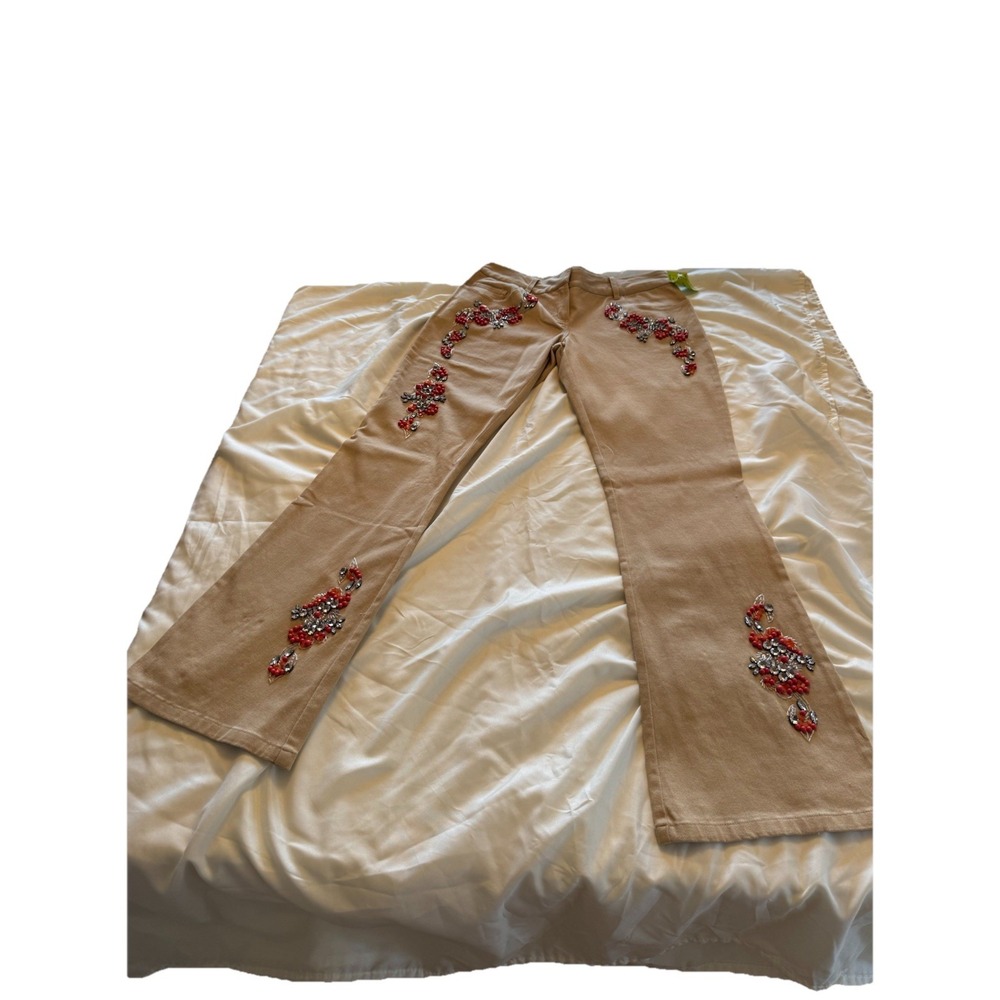 VTG NWT Single Womens Size 6 Bootcut‎ Khaki Embellished Pants Tan W/ Coral Beads